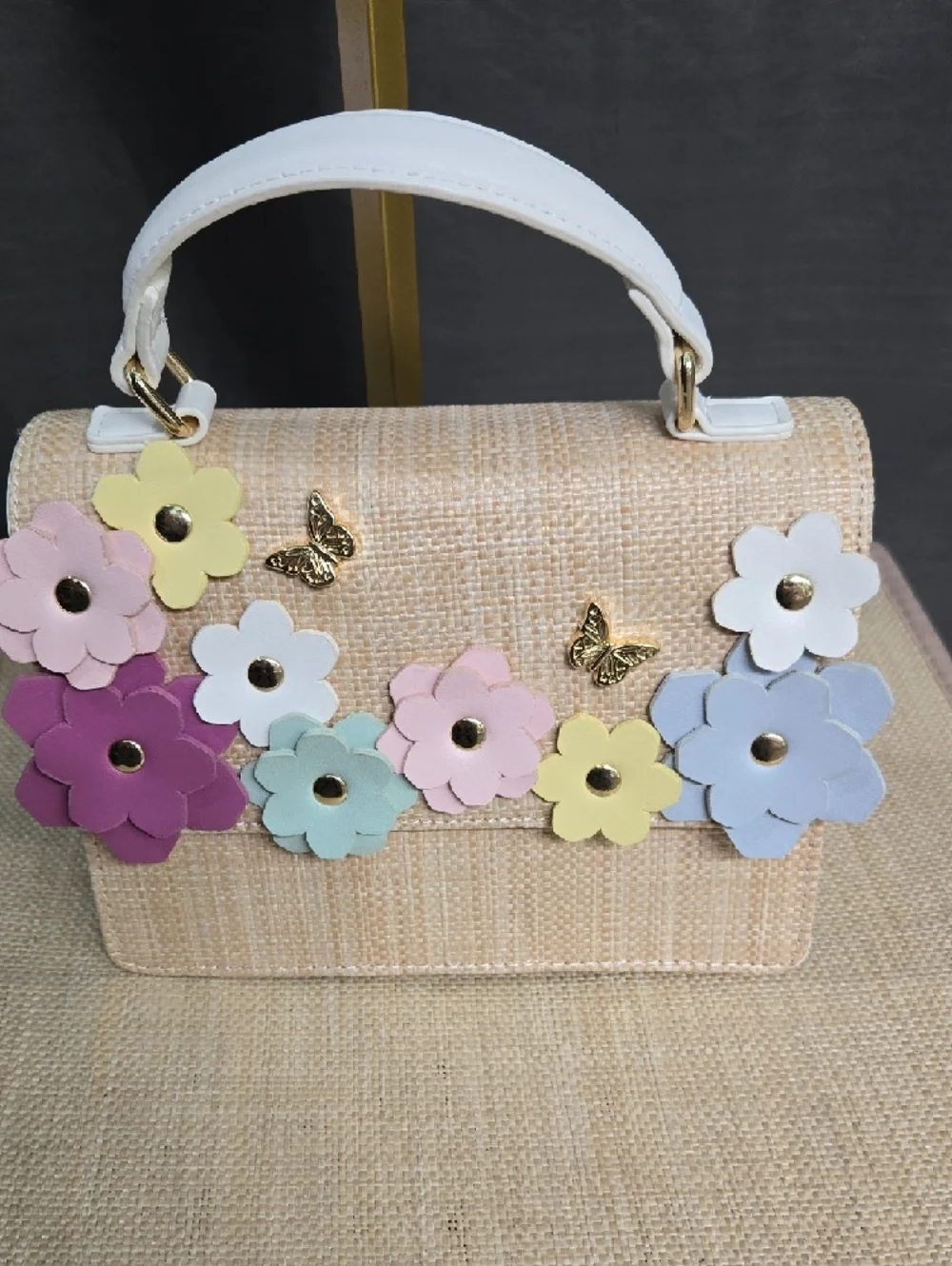 SALE! NWOT! Betsey Johnson Beige Straw Satchel with Flower Accents